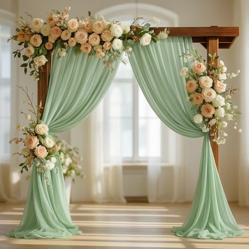 Wedding Arch Draping Fabric, White Sheer Backdrop with Floral Decor, Indoor Ceremony Party Ceiling Decoration (Sage Green-3PCS)