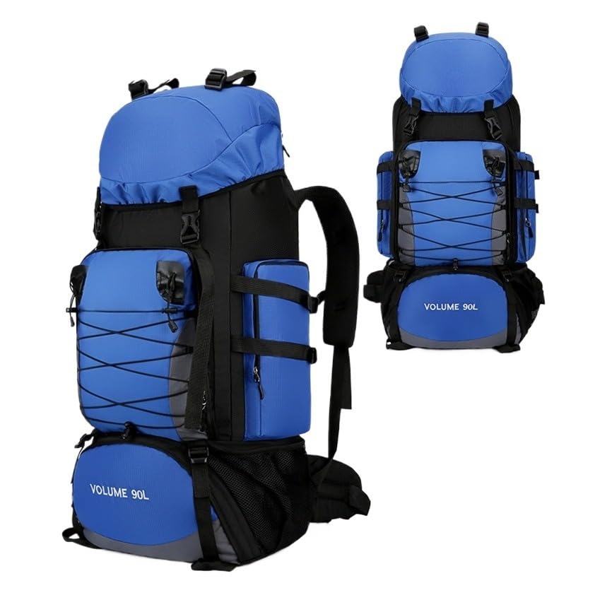 Mochila Trekking 90L Impermeável Ajustável com Cinta Abdominal Viagem Trilha Montanhismo Esportiva Grande(RC3605-Azul)