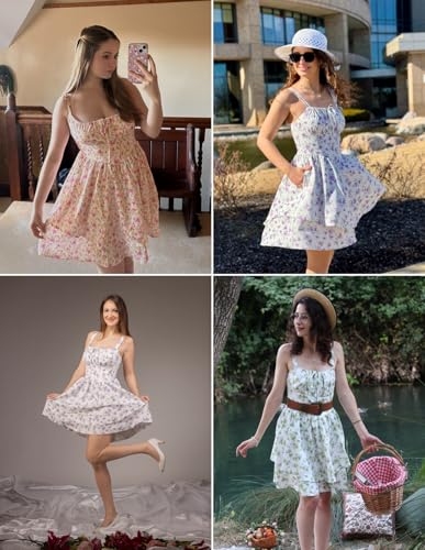 Image of Scarlet Darkness Floral Mini Corset Dress for Women Teen 2026 Summer Spring Flowy A-Line Sundress with Pockets White Green Floral L
