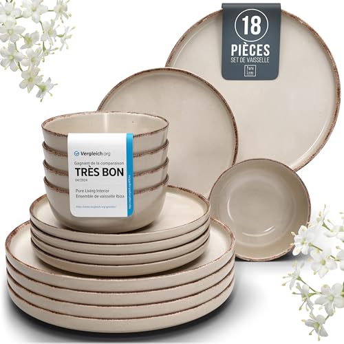 Steingut Geschirrset 6 Personen Rustic 18 tlg. TESTSIEGER, Hochwertiges Landhaussttil Steingut Geschirr Set, Schüssel- und Teller Set, Tafelservice 6 Personen, Geschirrsets Pure Living in Beige