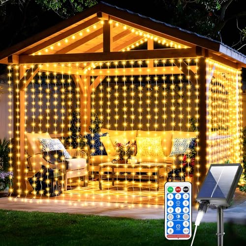Joycome Rideau Lumineux Solaire 3m x 3m 300 LED Guirlande Lumineuse Extérieure avec Télécommande, 8 Modes Exterieur Jardin IP65 Étanche Rideau pour Mariage...