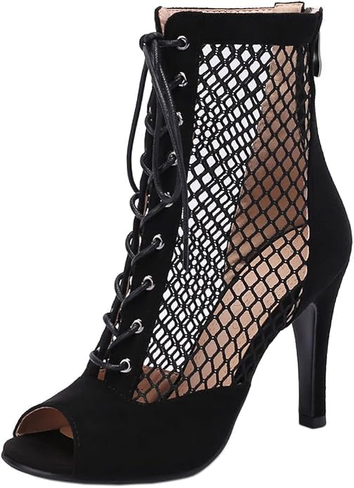 Women's Peep Toe Mesh Stiletto High Heels Ankle Boots Lace Up Summer Latin Dress Shoes Dance Booties for Women