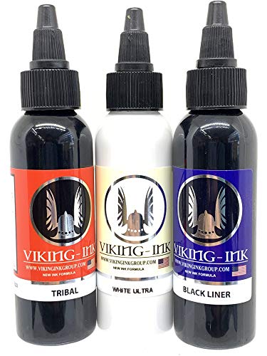 VIKING INK - Kit Black Liner + Black Tribal + White Ultra 1oz (30 ml) 3 unités - Encre de Tatouage Cover