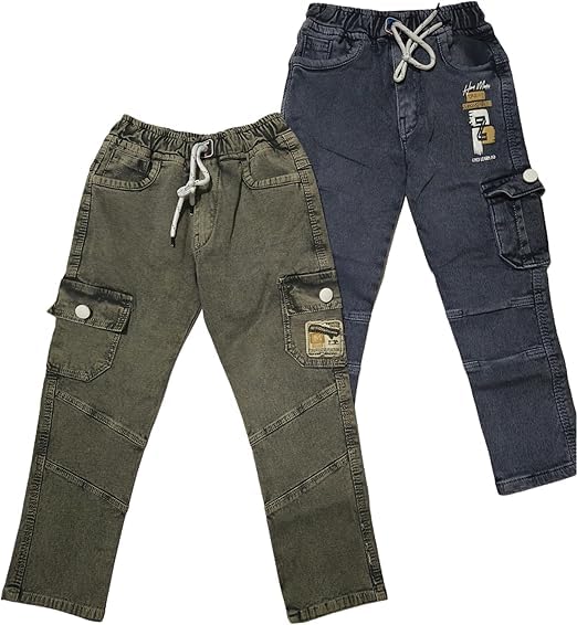 Image of Boys Cargo Pants, Kids Cargo Jeans with Pockets, Adjustable Waist, Stretch Denim Casual Pants for Boys