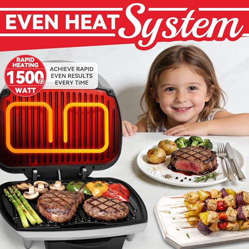 Image of SugarWhisk Family-sized Contact Grill, 6-Serving Electric Indoor Grill with Adjustable Temp Control, Ceramic Coating, 1500W, Silver