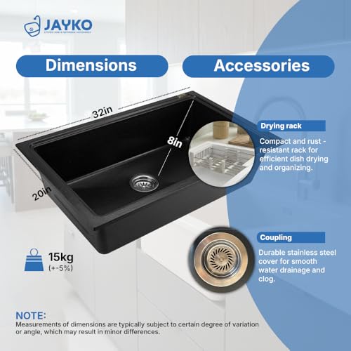 Image of JAYKO Quartz Acrylic Kitchen Sink for Modular Kitchen | Granite Finish, Scratch & Heat Resistant | Easy to Clean & Stylish Sink for Home (SI, 32x20in)