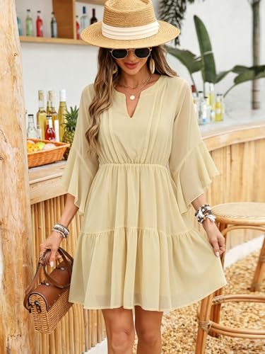 Image of Womens Spring Summer Mini Dress Western Ruffled Sleeve Chiffon V Neck Flowy A Line Short Wedding Guest Party Dresses