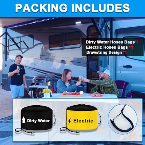 Image of 2-Pack Waterproof RV Hose Storage Bags with Drawstring Mesh Top, RV Tools Accessories Bag for Fresh /Black Water Sewer Hoses and Electrical Cords, Sewer Hose Bag, Black and Yellow