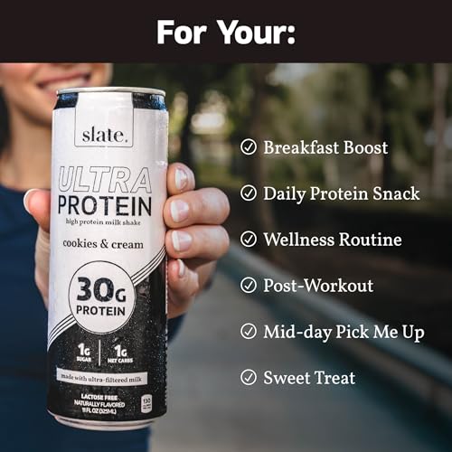 Image of Slate Milk - Ultra Protein Shake - Dessert Pack - Chocolate, Vanilla, Cookies & Cream - 30g Protein, 1g Sugar, 130 Calories, 2g Net Carbs - Lactose Free, No Added Sugar - 11 fl oz, 12 Cans