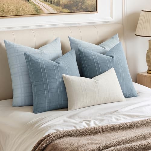 Image of MIULEE Decorative Linen Check Throw Pillow Covers Neutral Farmhouse Vintage Pillow Covers 18x18 Set of 2 Boho Modern Home Decor for Sofa Couch Bedroom Cushion Coastal Blue