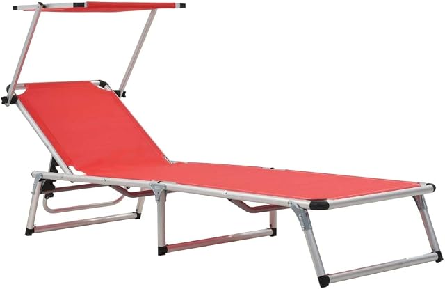 Folding Sun Lounger Chair, Red Sun Chair Lightweight Adjustable Backrest Modern Sunbed with Sunshade for Camping Beach Patio