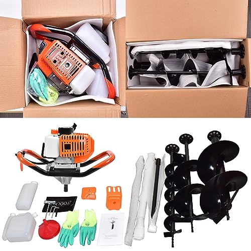 72CC Auger Post Hole Digger Gas Powered Auger with 3 Earth Drill Bits 4" & 8" & 12", 3 Extension Rods for Fence Garden Farm Plant