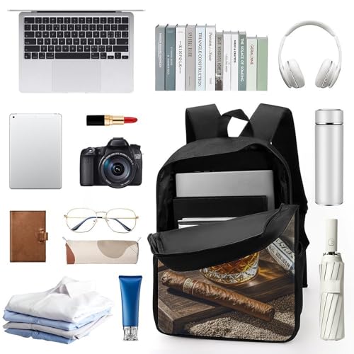 17 Inch Backpack for Travel, Cigar & Whiskey Print Modern Backpack Shoulder Bag with Adjustable Straps, Side Pockets & Reinforced Bottom3