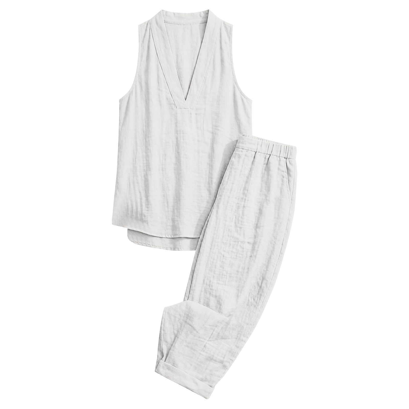 Générique Ensemble Femmes Lin et Coton 2 Pièces Chic Col en V Col Rabattu sans Manches Ensemble Haut et Wide Leg Pants Été Élégant Couleur Unie Loungewear
