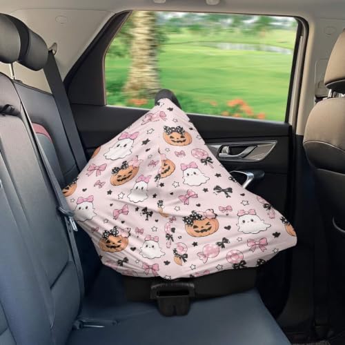 Image of Wanyint Car Seat Covers for Babies Girls Boys, Stretchy Carseat Canopy Soft Baby Breastfeeding Nursing Scarf Infant Stroller Cover Halloween Decor, Cute Ghost Pumpkin Bow Pink
