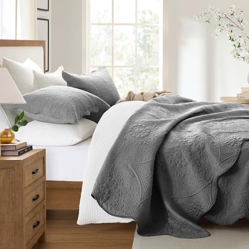 IR Imperial Rooms King Quilt Bedding Set Size (106" x 96") + 2 Pillow Shams (20" x 36"+ 2") - 3 Pcs All Season Lightweight Reversible Microfiber Coverlet Floral Embossed Quilt Bedspread (Grey)