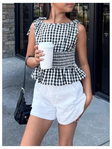 Floerns Girl's Plaid Peplum Tank Top Sleeveless Ruffle Hem Bow Shoulder Blouse Top3