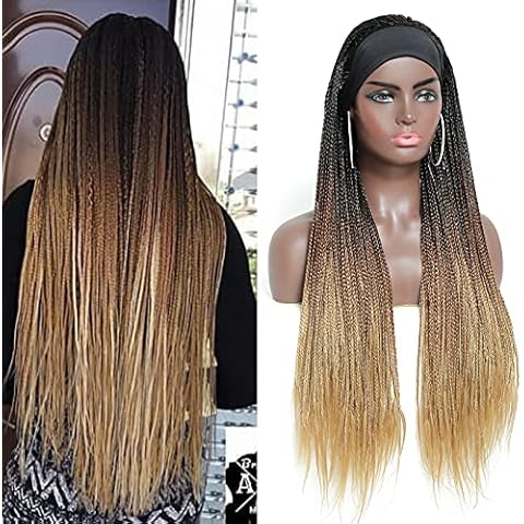 ROSEBONY Box Braided Headband Wigs for Black Women Micro Braids 30 Inch Long Wigs Synthetic Wigs with Small Braids (1b/30/27, Headband Box Wig) Cover