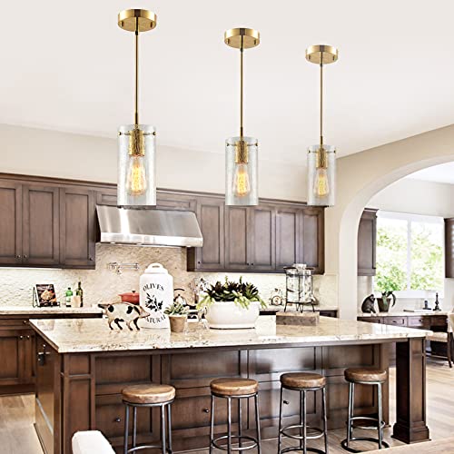 Rolerada Gold Glass Pendant Light With Handcrafted Textured Glass Shade, Modern Farmhouse Mini Pendant Lighting In Brushed Brass Finished Island Pendant Light For Kitchen Bathroom, Bulb Included #TOP4