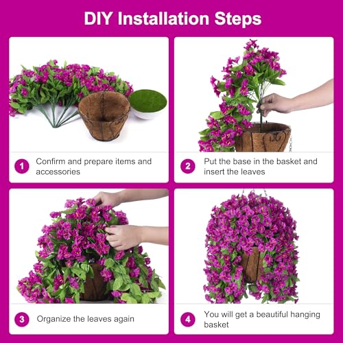 Image of Ammyoo Artificial Faux Hanging Flowers Basket for Spring Outdoor Decor | Fake Silk Colorful Morning Glory Eucalyptus in Planter UV Resistant for Summer Home Porch Balcony Yard(Red Purple)
