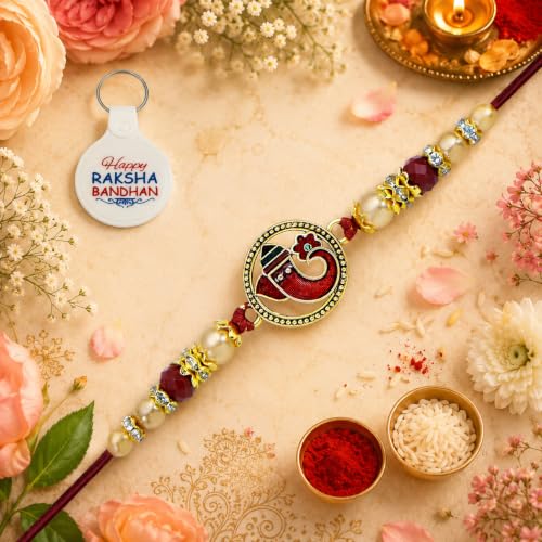 Image of Riddhika Ventures Religious Gold Plated Meenakari Sacred Ganesha Rakhi with Roli Chawal and One Happy Raksha Bandhan Keychain