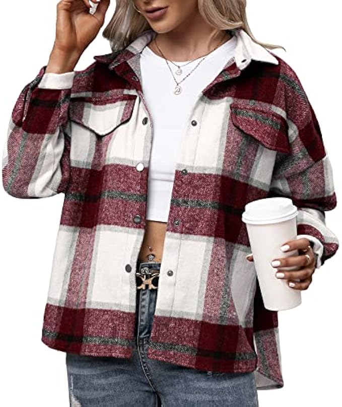 Womens Plaid Shacket/Jacket- Oversized Wool Loose Lapel Coat Button Down Long Sleeve Shacket Shirt for Women