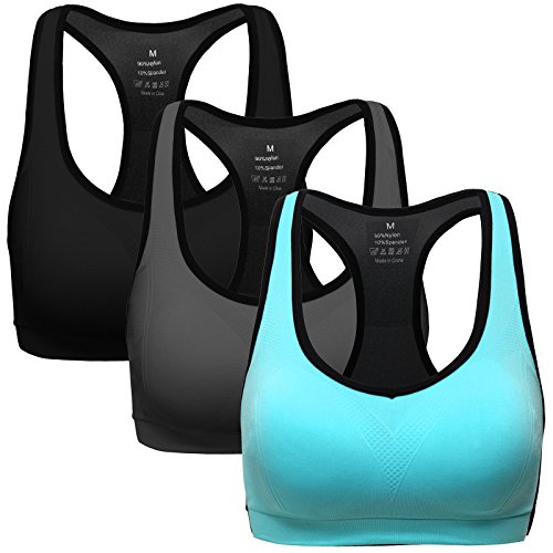 MIRITY Women Racerback Sports Bras - High Impact Workout Gym Activewear Bra Pack of 3 Color Black Grey Blue Size L