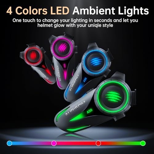 Image of Motorcycle Helmet Bluetooth Headset Noice Cancellation, Wireless Helmet Speakers 4 Colors LED Light,1200mAh Battery, IP67 Waterproof /HiFi Sound, Smart Motorcycle Headphones for All Helmets