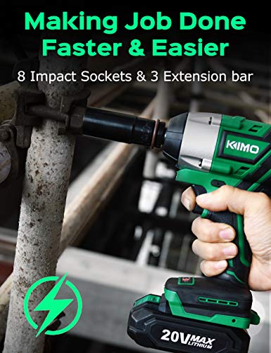 KIMO 20V 1/2 Impact Wrench, Cordless Brushless Impact Wrench Set 250 Ft-lb High Torque 3000 RPM, Li-ion Battery Fast Charger 8 Sockets 3 Extension Bars, Compact Electric Battery Wrench for Car Home