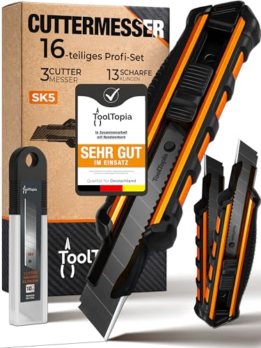 3x Profi Cuttermesser Set Robuste Cutter Messer & Teppichmesser mit 10 SK5 Cuttermesser Klingen I Vielseitiges Handwerkzeug & Präzisions Utility Knife für Handwerker & Heimwerker ToolTopia