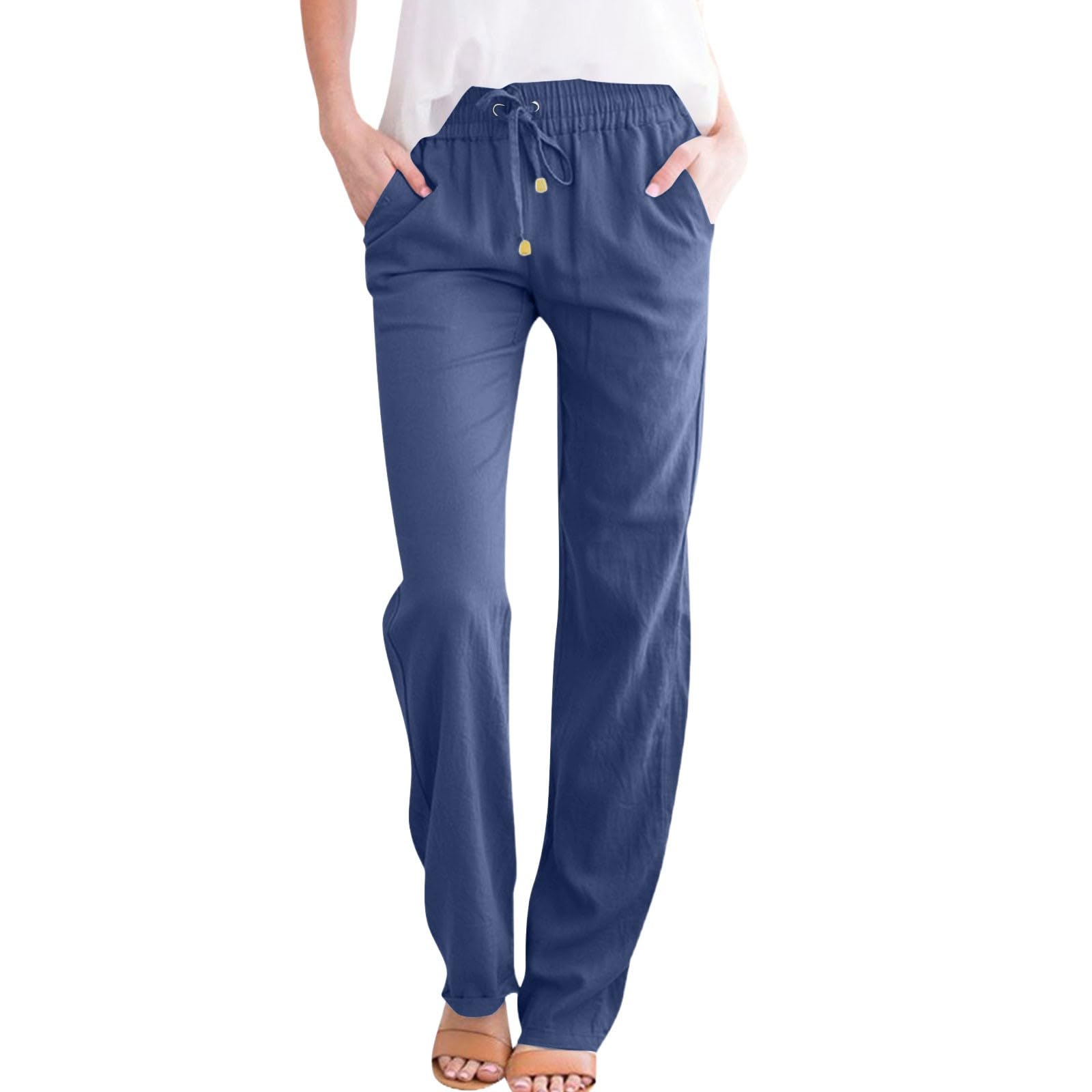 NAJZYBA Sommerhose Damen Leicht Leinenhose Hose Musselin Hosen Stoffhose Einfarbig Freizeithose Gerade Geschnitten Hose Sommerhose und Taschen (0106&03-Blue, S)