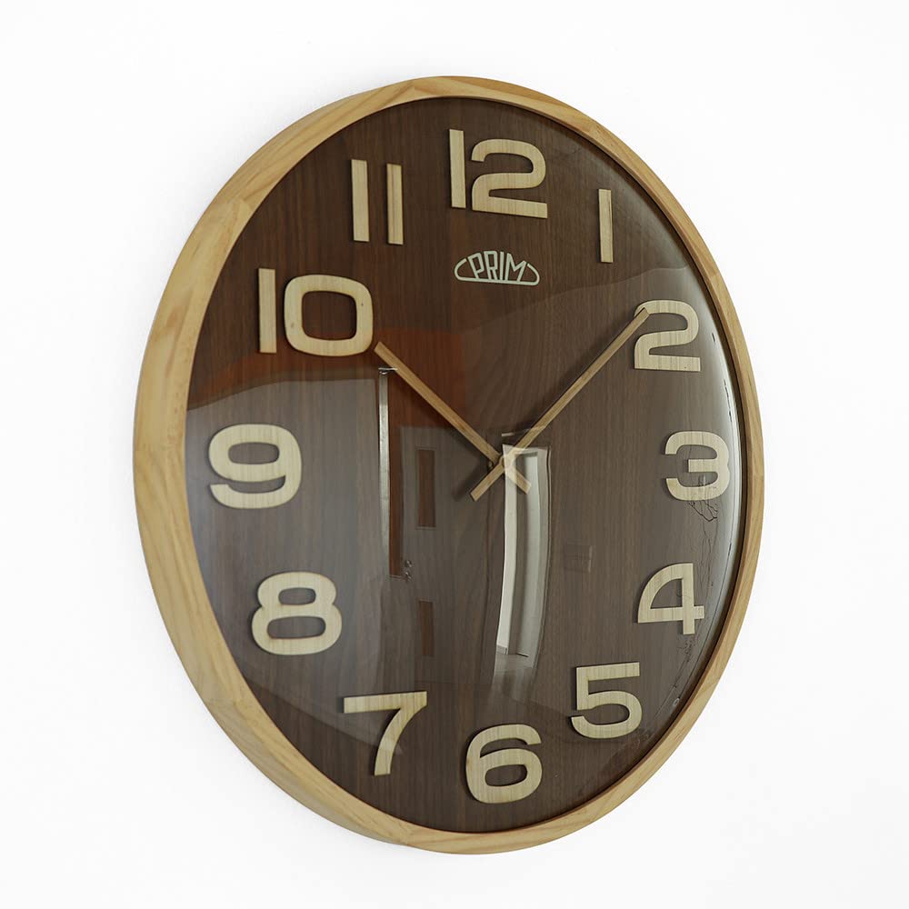 PRIM Reloj de Pared de Madera de Lujo Timber Veneer, Color marrón, con números Grandes 3D, Esfera chapada, Cristal Curvado, Motor Paso a Paso de Cuarzo