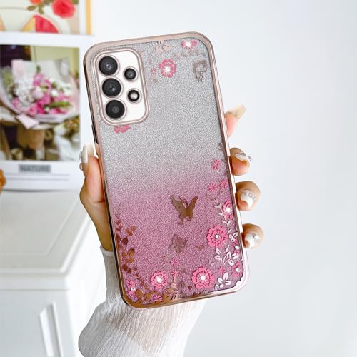 Image of for Galaxy A23 5G Case, for Samsung A23 5G Case Women Gradual Change Glitter Crystal TPU Stylish Butterfly Floral Heart Clear Protective Cover with Strap for A23 5g (Rose Gold)