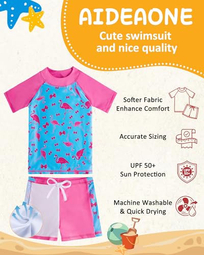 Image of AIDEAONE Girls Rash Guard Swimsuit Short Sleeve Two Piece Bathing Suit Size 3-12T