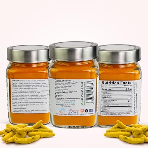 Image of Pure Tree Certified Organic Haldi Powder | 200 g | Glass Jar | Turmeric Powder | Spice Masala Powder Raw for Milk | Strong Antioxidant