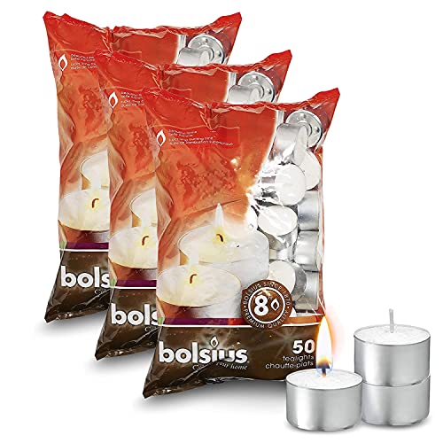 BOLSIUS Tea Lights Candles - Pack of 150 White Unscented Candle Lights with 8 Hour Burning Time - Tea Candles for Wedding, Home, Parties, and Special Occasions