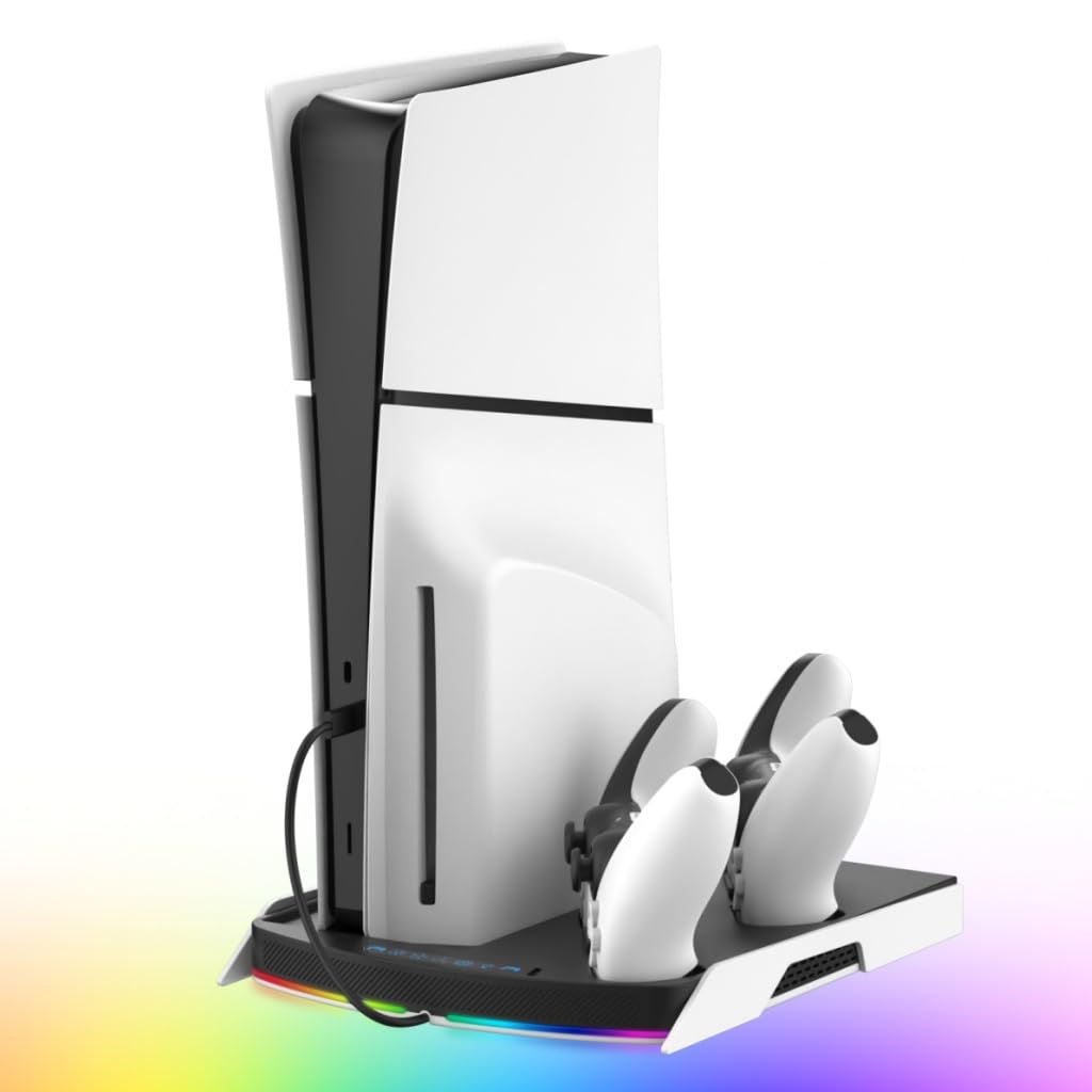 NITHO Supporto PS5 con Ventola di Raffreddamento e Doppia PS5/Edge Controller Charger, Base Verticale Multifunzione Compatibile con PS5/Pro/Slim, con Hub USB e Luci RGB - Accessori PS5