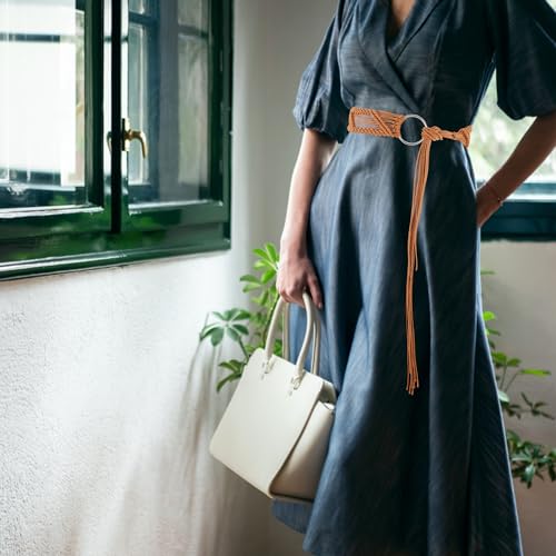 CHIC DIARY Women's Braided Knot Belts Bohemian Tie Waist Belts with Tassel Boho Wide Cinch Belt for Dress Jeans4