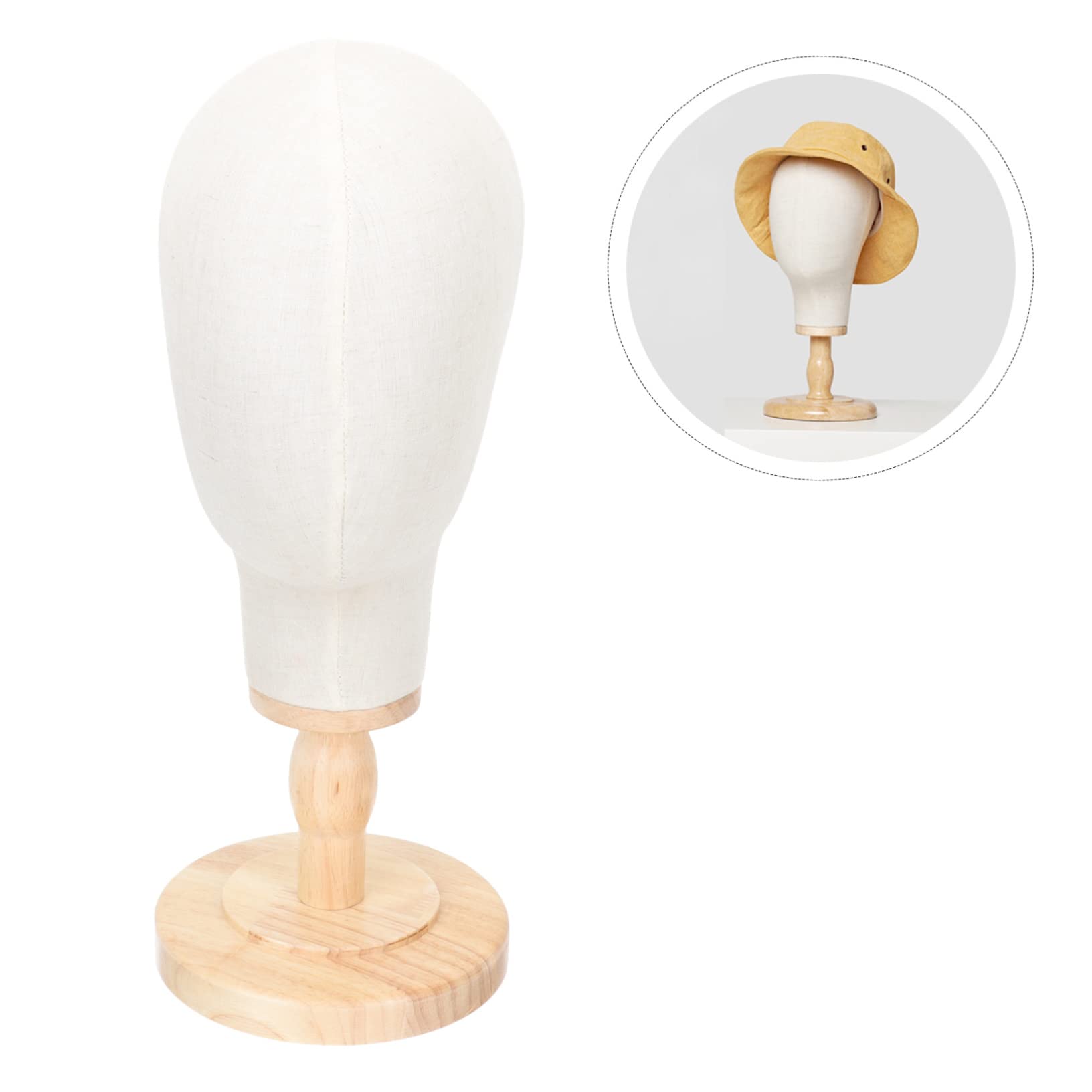 Mobestech Présentoir Tête Mannequin en Lin Naturel Socle Bois, Modèle D'entraînement pour Perruques Et Chapeaux, Support Polyvalent pour Bijoux, Lunettes Et Accessoires De Coiffure