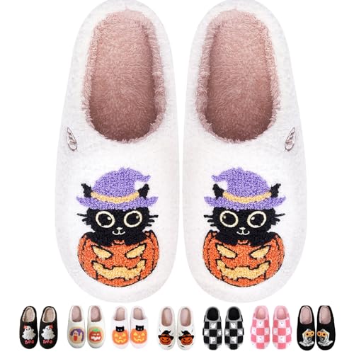 Halloween Pumpkin Slippers for Women, Cozy Plush Spooky Slippers, Ghostface Cartoon Slipper, Non-Slip Fluffy Halloween Christmas Gift, Women’s Size 6