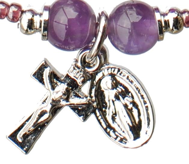 Sine Cera Amethyst 5 Decade Catholic Twisting Rosary Bracelet for Women, Lusterous Pewter Crucifix and Miraculous Medal, Durable Strech Design with 4mm Smooth Stone Beads2