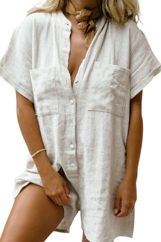 CHARTOU Women Summer Shorts Romper Button Down Wide Leg Cotton Linen Shortalls Jumpsuit