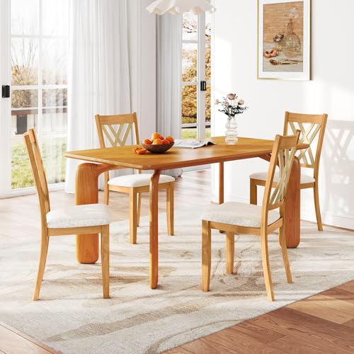 Image of COSTWAY Wooden Dining Chairs Set of 4 with Fabric Padded Seat, Natural | Farmhouse Armless Kitchen Side Chair with Rubber Wood Frame & High Back for Dining Room, Living Room and Restaurant