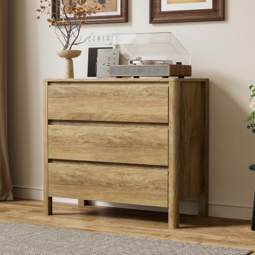 Image of Furniway 31.5 inch Wide 3 Drawer Wood Dresser for Bedroom, Natural Oak