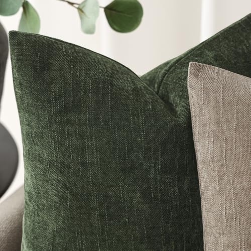 Image of Foindtower Pack of 2 Soft Textured Chenille Throw Decorative Pillow Covers Square Accent Solid Cushion Cover Neutral Farmhouse Pillow Case for Couch Sofa Bedroom Living Room 24x24 Inch,Dark Green
