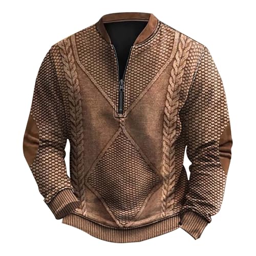 Cambkatl Men's Half Zipper Knit Texture Sweatshirt with Elbow Patch - Vintage Colorblock Casual Long Sleeve Pullovers Shirts
