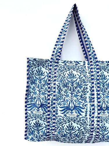 Image of Quilted Cotton Hand printed Reversible Large multicolor cotton Tote Bag,Indian Handmade Block Printed Tote Bag Women Handbag
