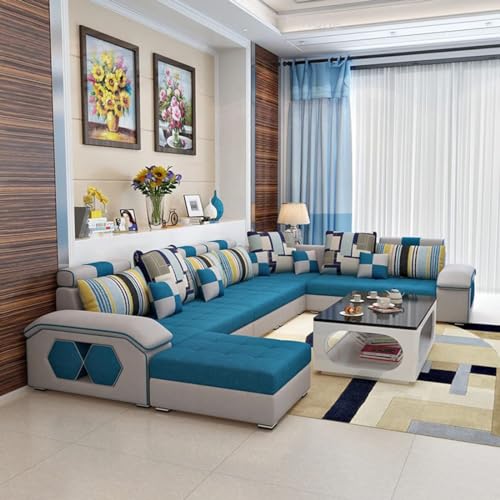 Image of Torque Silvester 12 Seater Sofa Set for Living Room (Blue) | Interchangeable U Shape Sectional Sofa | Solid Wood Frame & High-Density Supersoft Foam | Includes Puffy & Stool | Modern Home Furniture