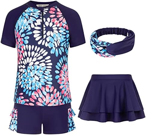 GRACE KARIN Girls 3-Piece Rashguard Sets Short Sleeve Swimsuit Swim Skirt Pool Party Swimwear Navy 6Y