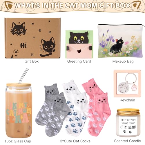 Cat Lover Gifts for Women, Cat Gifts for Women, Cat‘s Themed Gift for Christmas Mothers Day Birthdays, Funny Gift for Cats Lovers for Crazy Cats Lady Mom Daughters with Glass Cup Scented Candle Socks